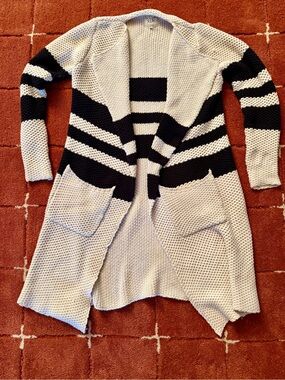 Cozy Striped Open-Front Duster Sweater - Black & Cream